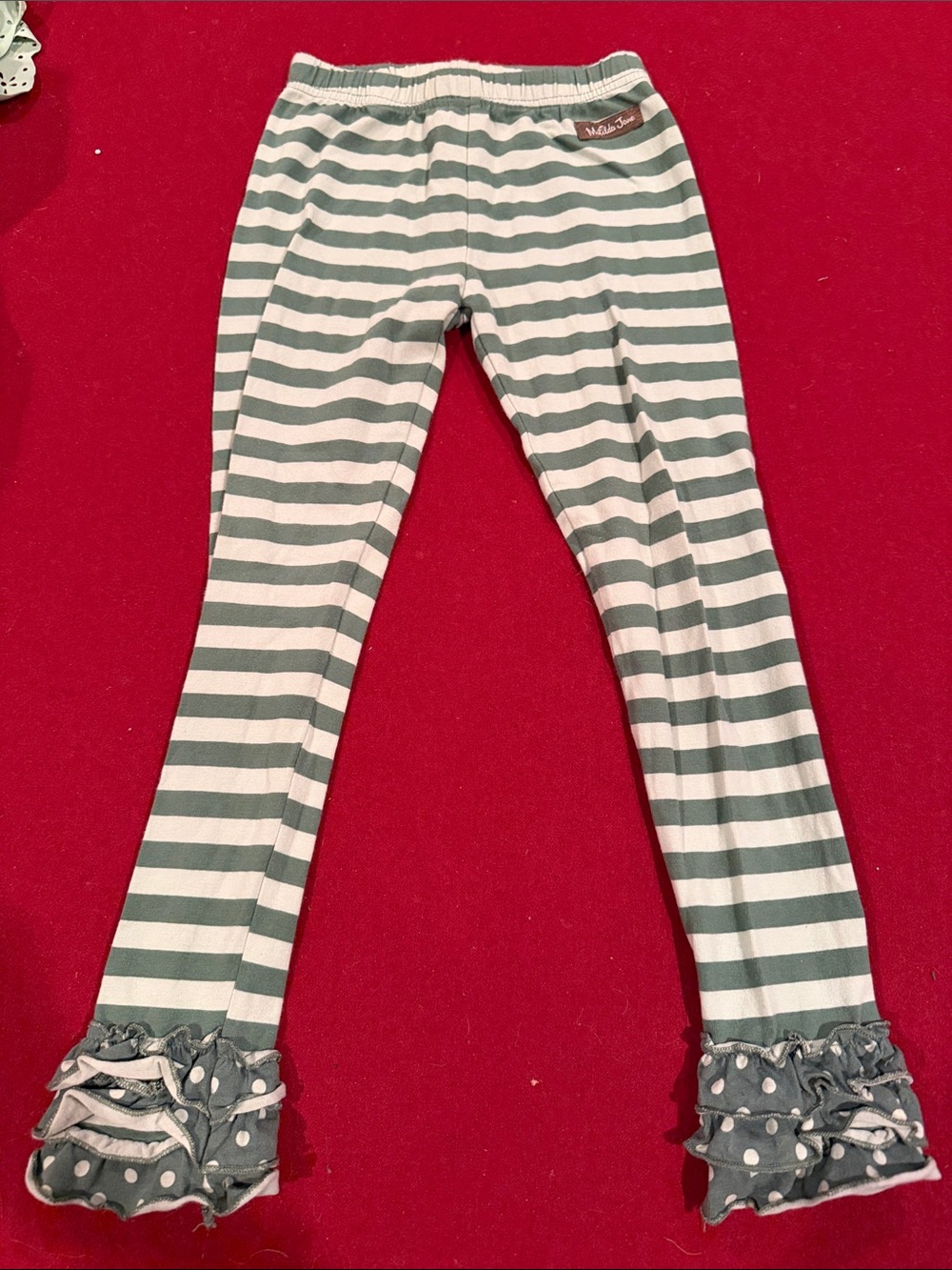 Matilda Jane Green and White Striped Leggings with Polka Dot Ruffle